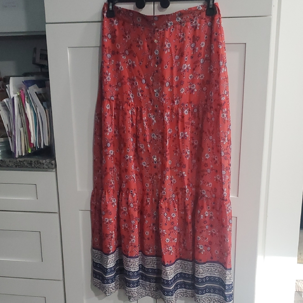 love, Fire Coral Floral Tiered Maxi Skirt with Navy Border